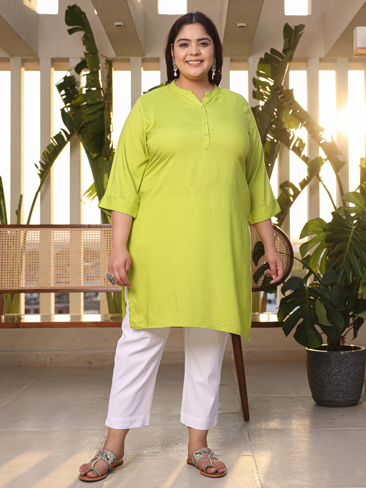 Juniper Women's Lime Green Modal Rayon Slub Plus Size Kurta | Grocsy
