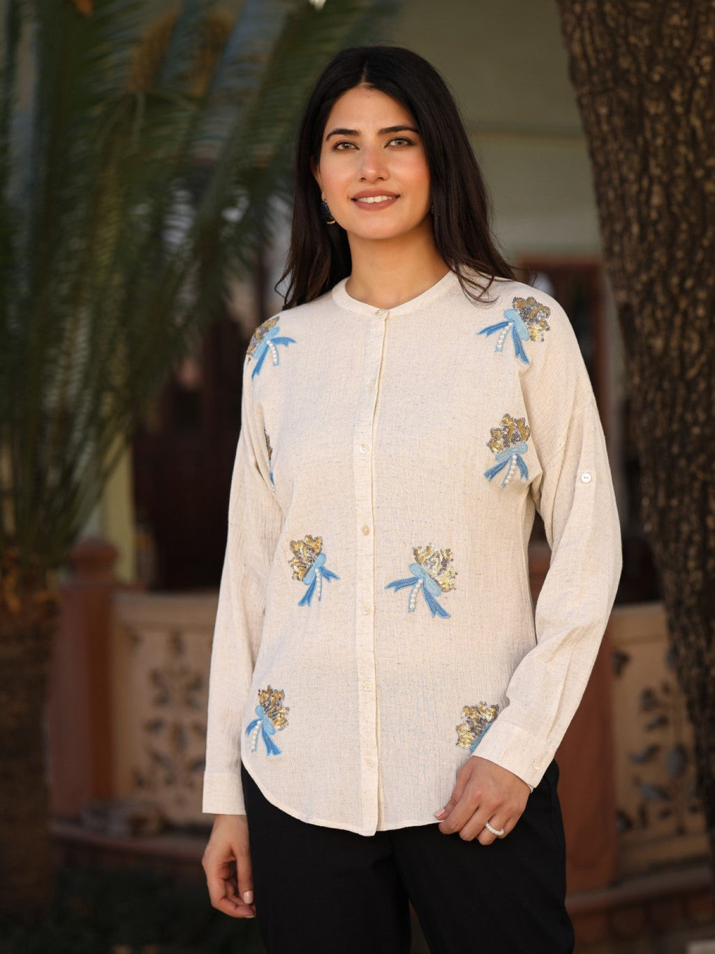 Juniper Women's Women Natural Solid Shirt With Sequins Work | Grocsy