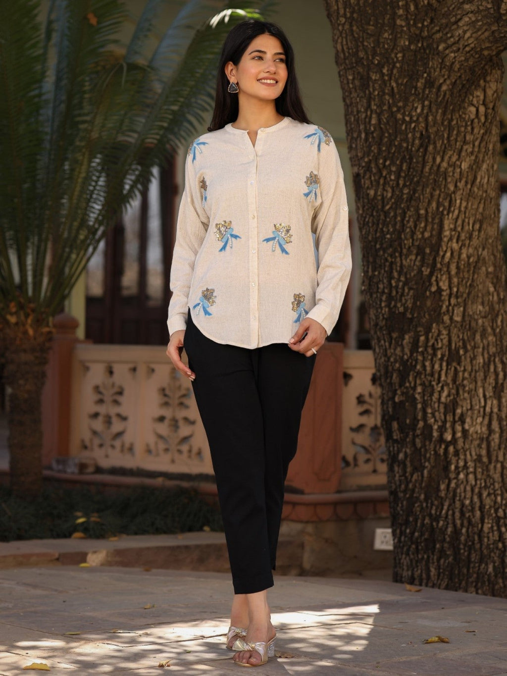 Juniper Women's Women Natural Solid Shirt With Sequins Work | Grocsy