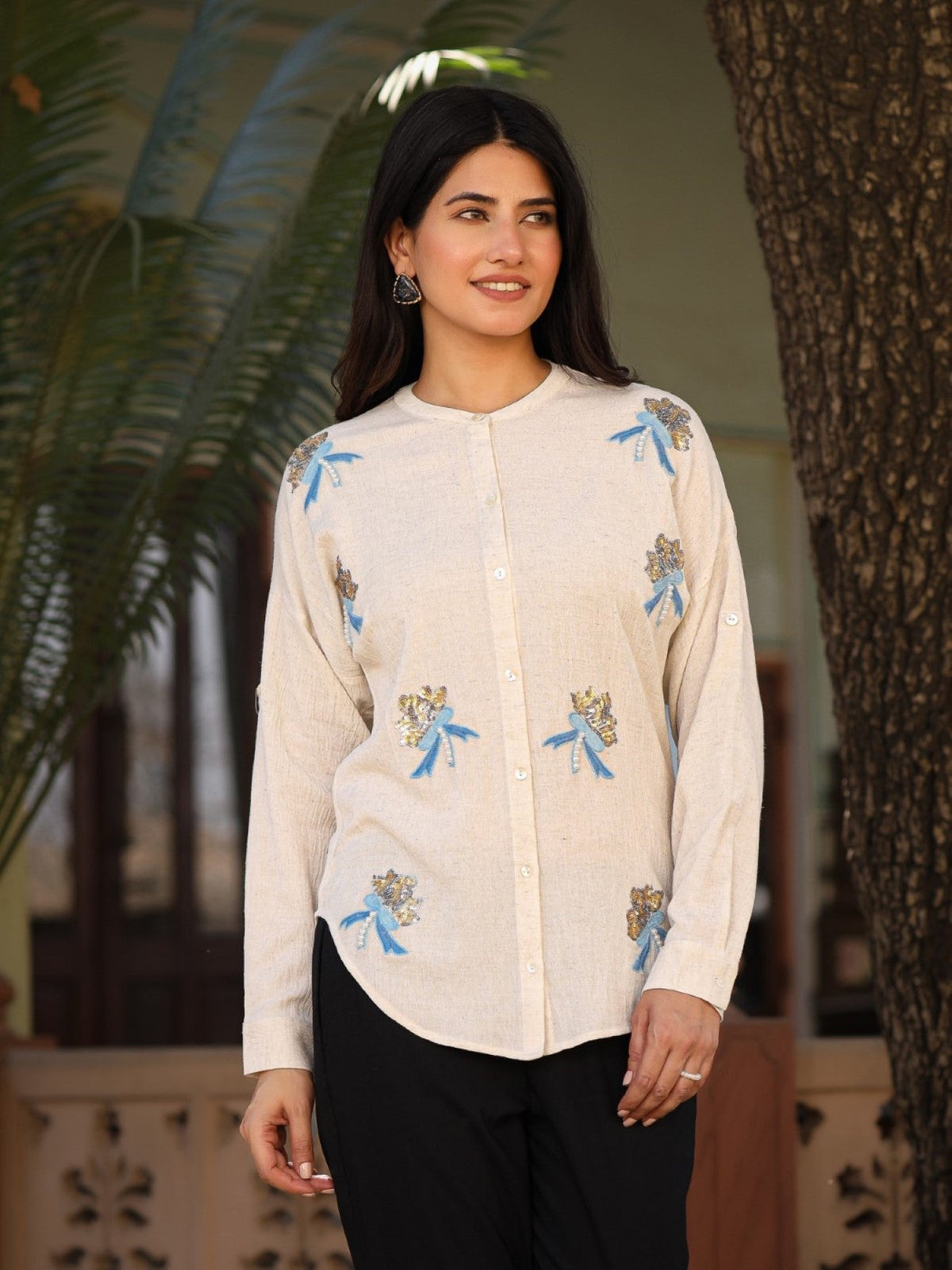 Juniper Women's Women Natural Solid Shirt With Sequins Work | Grocsy
