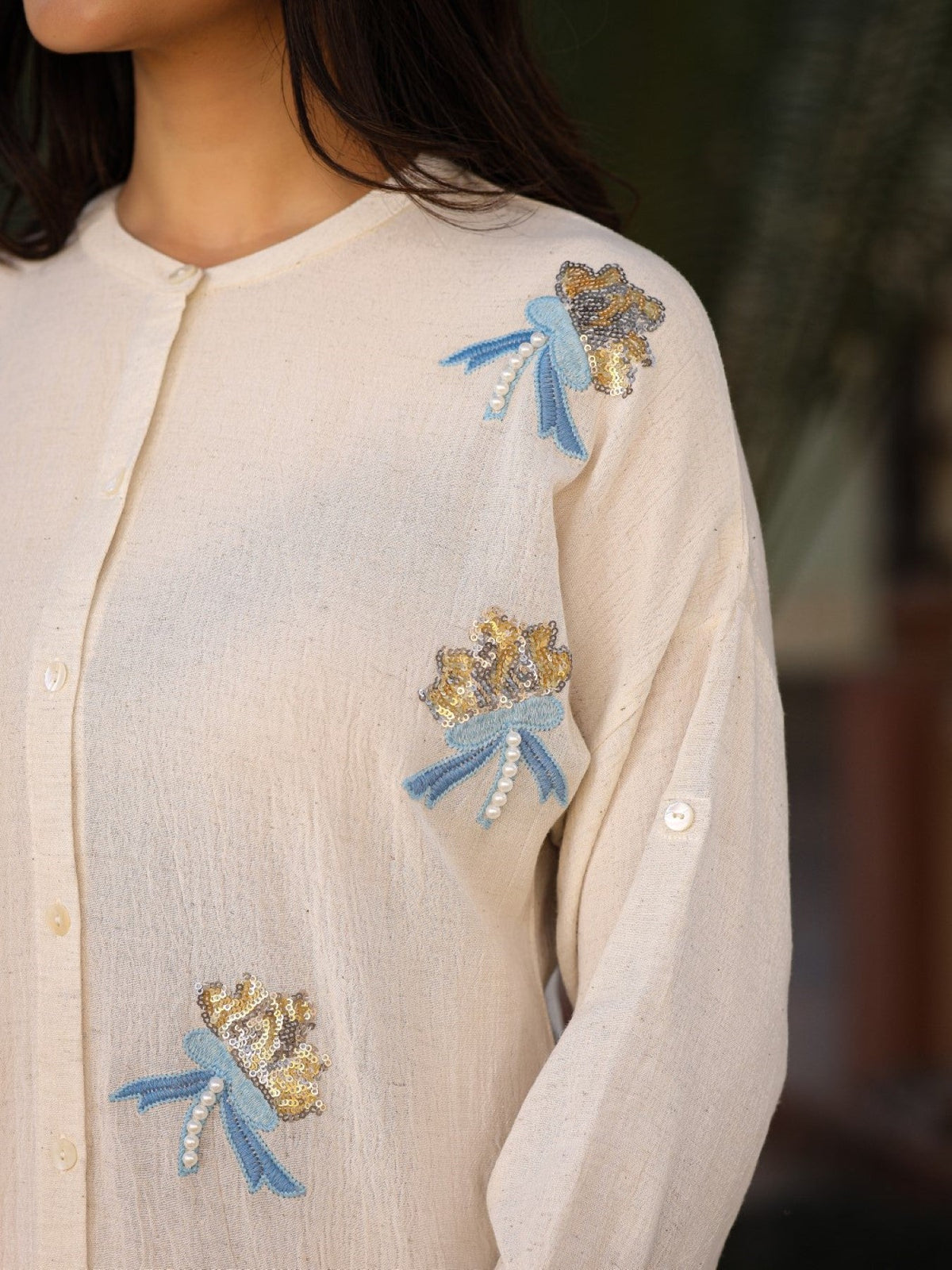Juniper Women's Women Natural Solid Shirt With Sequins Work | Grocsy