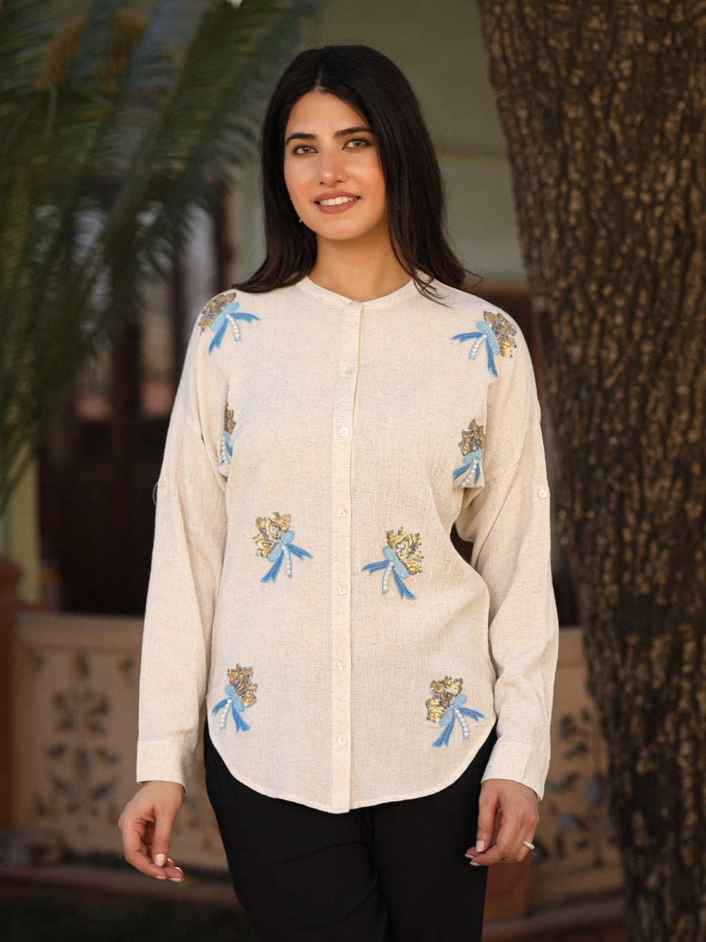 Juniper Women's Women Natural Solid Shirt With Sequins Work | Grocsy