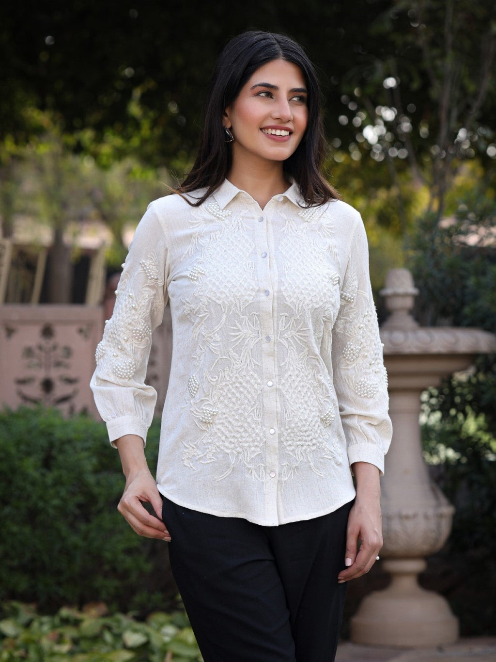 Juniper Women's Rayon Flex Thread Embroidered Women's Shirt With Beads Work | Grocsy