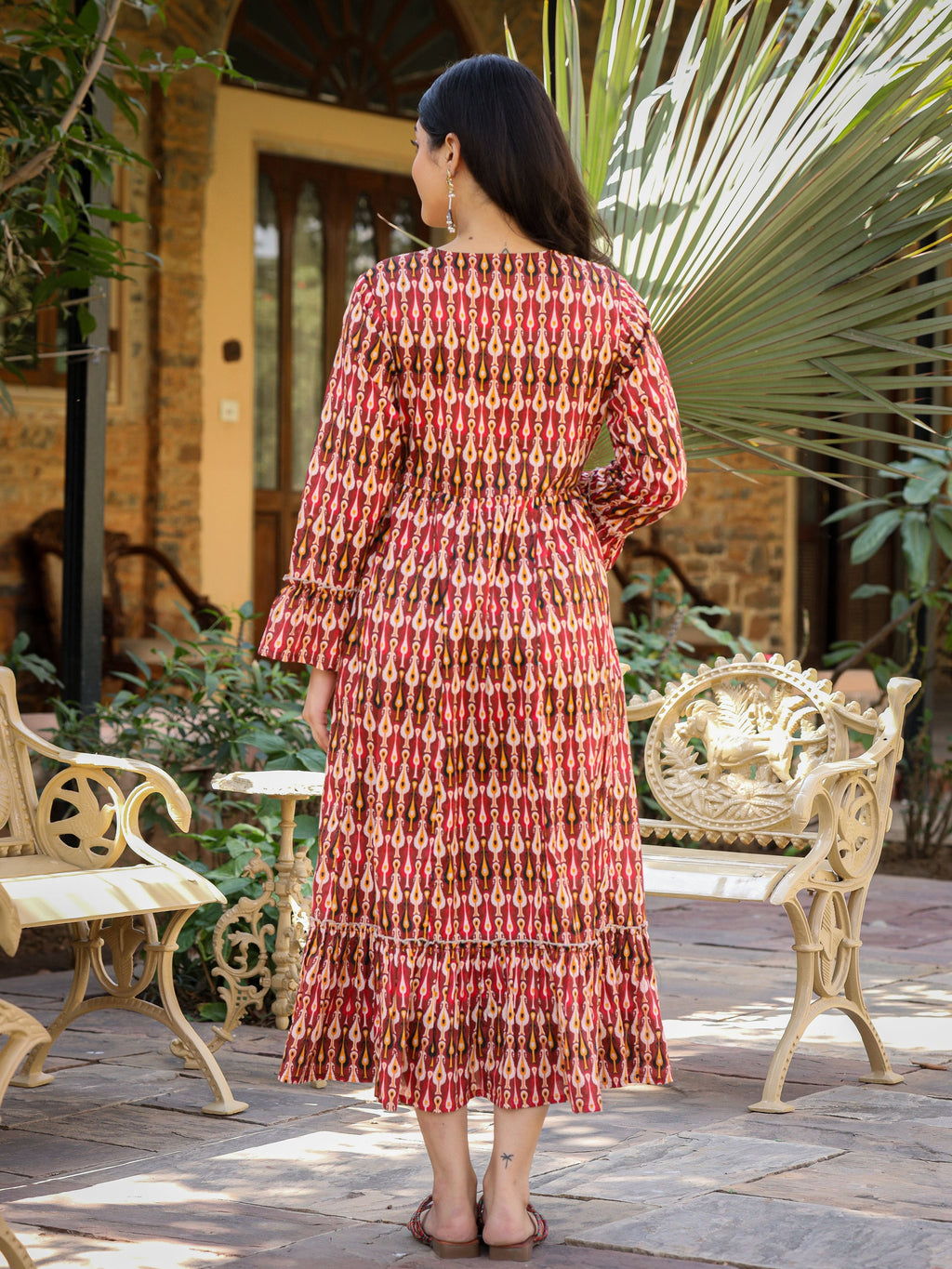 Juniper Maroon Ikat Printed Cotton Maxi Dress with Embroidered Neckline | Grocsy