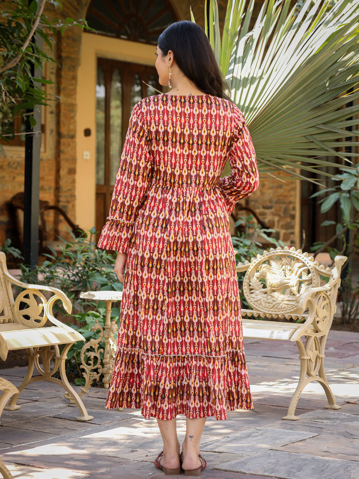 Juniper Maroon Ikat Printed Cotton Maxi Dress with Embroidered Neckline | Grocsy