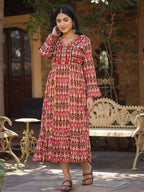 Juniper Maroon Ikat Printed Cotton Maxi Dress with Embroidered Neckline | Grocsy