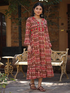 Juniper Maroon Ikat Printed Cotton Maxi Dress with Embroidered Neckline | Grocsy