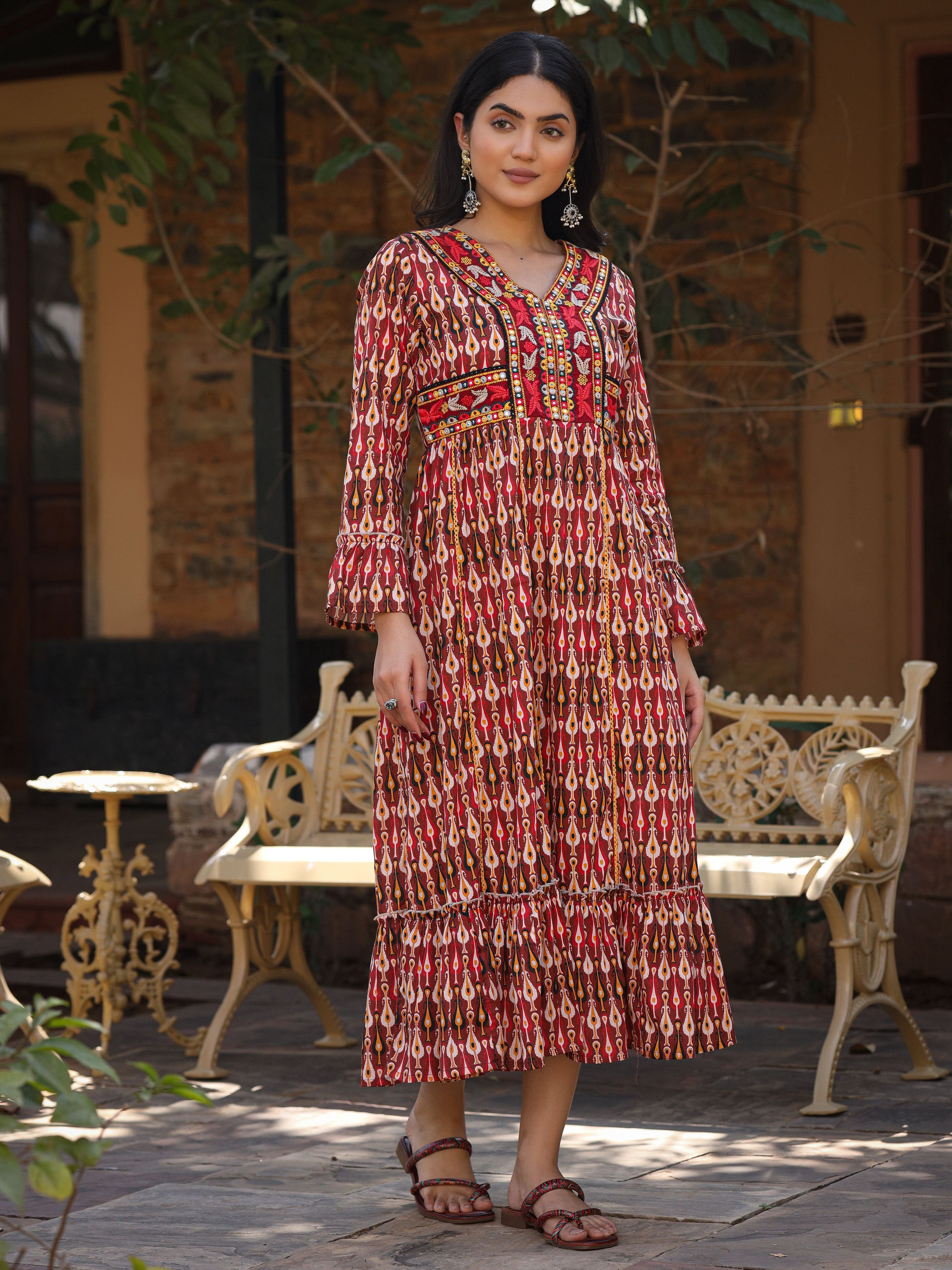 Juniper Maroon Ikat Printed Cotton Maxi Dress with Embroidered Neckline | Grocsy