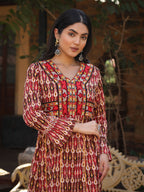 Juniper Maroon Ikat Printed Cotton Maxi Dress with Embroidered Neckline | Grocsy
