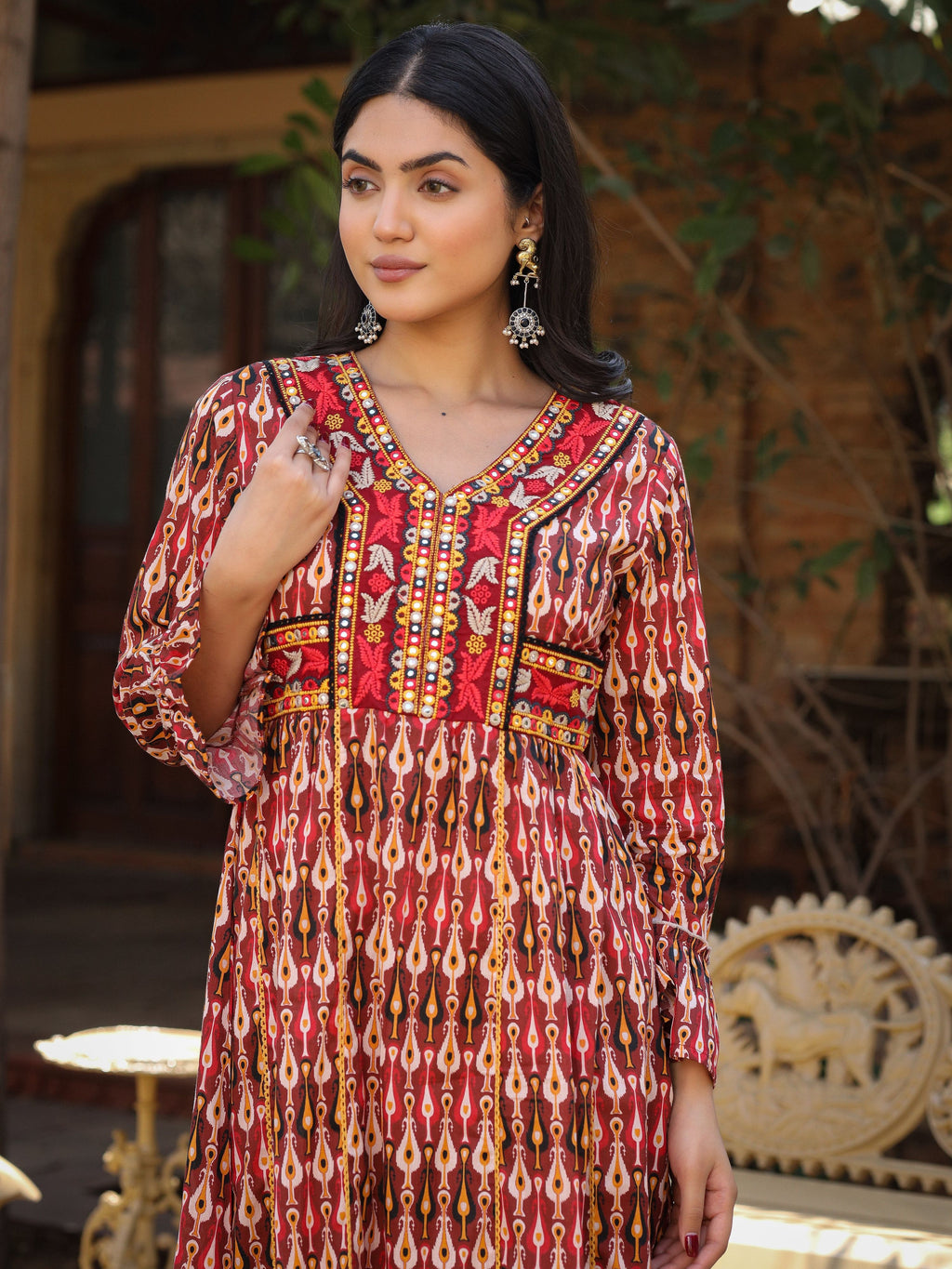 Juniper Maroon Ikat Printed Cotton Maxi Dress with Embroidered Neckline | Grocsy