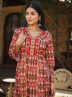 Juniper Maroon Ikat Printed Cotton Maxi Dress with Embroidered Neckline | Grocsy