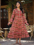 Juniper Maroon Ikat Printed Cotton Maxi Dress with Embroidered Neckline | Grocsy