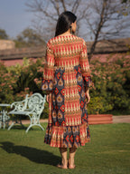 Juniper Rust Ikat Printed Cotton Maxi Dress with Embroidered Neckline | Grocsy