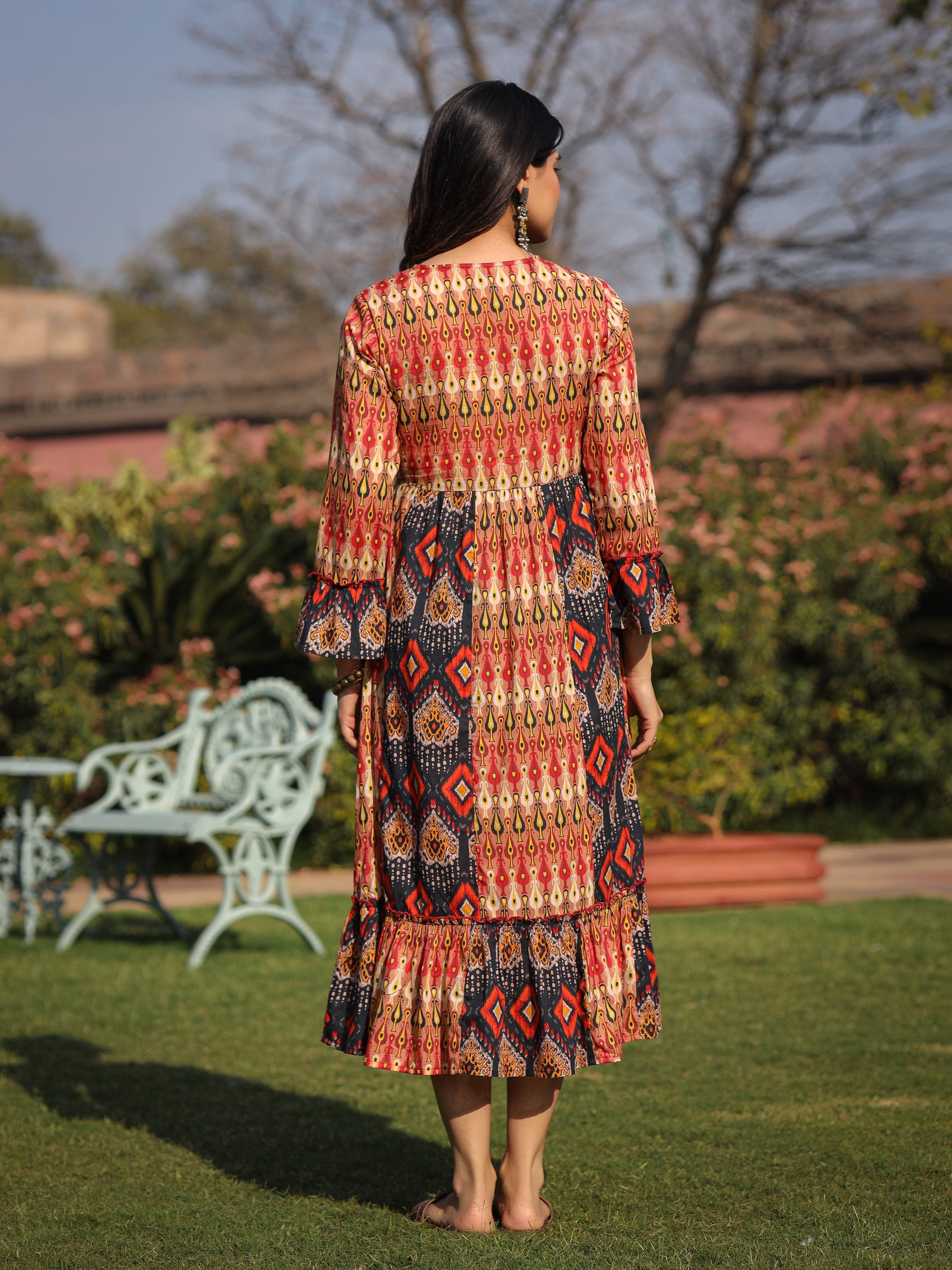Juniper Rust Ikat Printed Cotton Maxi Dress with Embroidered Neckline | Grocsy