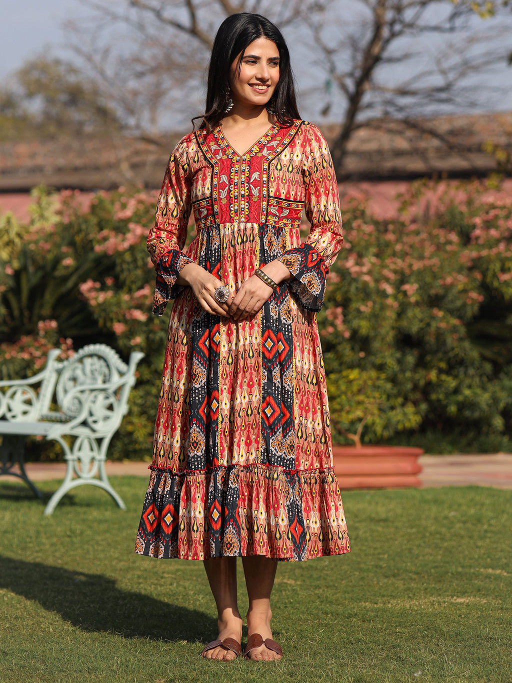 Juniper Rust Ikat Printed Cotton Maxi Dress with Embroidered Neckline | Grocsy