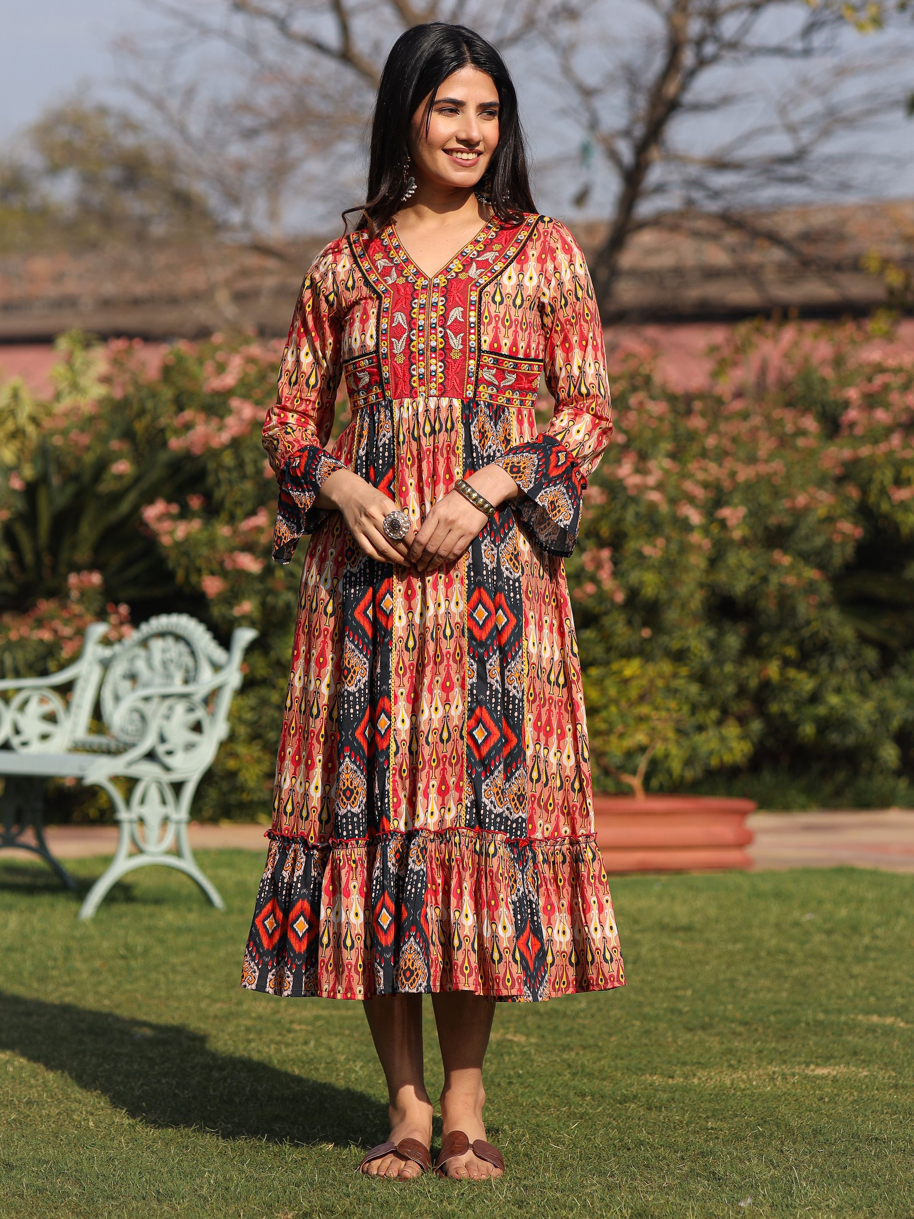 Juniper Rust Ikat Printed Cotton Maxi Dress with Embroidered Neckline | Grocsy
