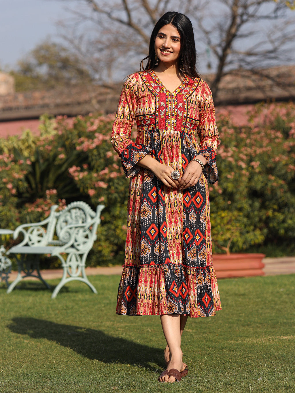 Juniper Rust Ikat Printed Cotton Maxi Dress with Embroidered Neckline | Grocsy
