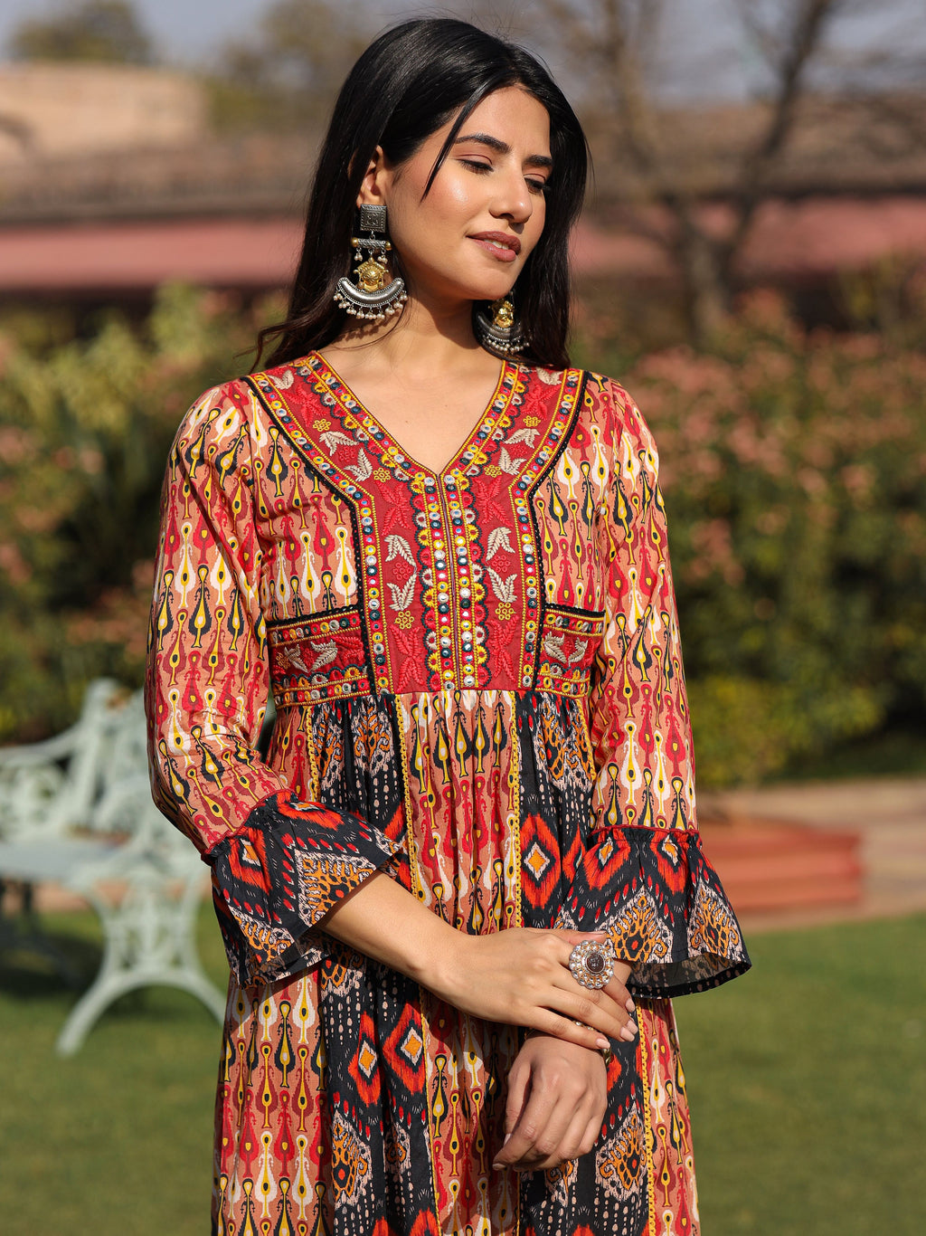 Juniper Rust Ikat Printed Cotton Maxi Dress with Embroidered Neckline | Grocsy