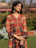 Juniper Rust Ikat Printed Cotton Maxi Dress with Embroidered Neckline | Grocsy