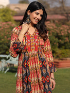 Juniper Rust Ikat Printed Cotton Maxi Dress with Embroidered Neckline | Grocsy