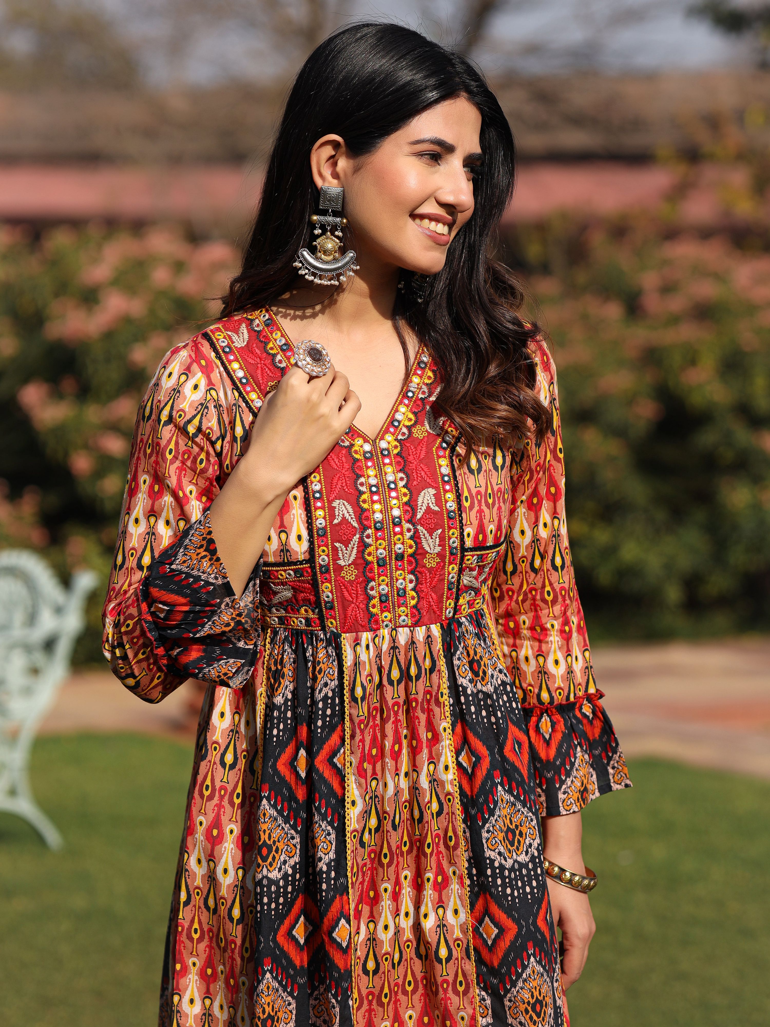 Juniper Rust Ikat Printed Cotton Maxi Dress with Embroidered Neckline | Grocsy