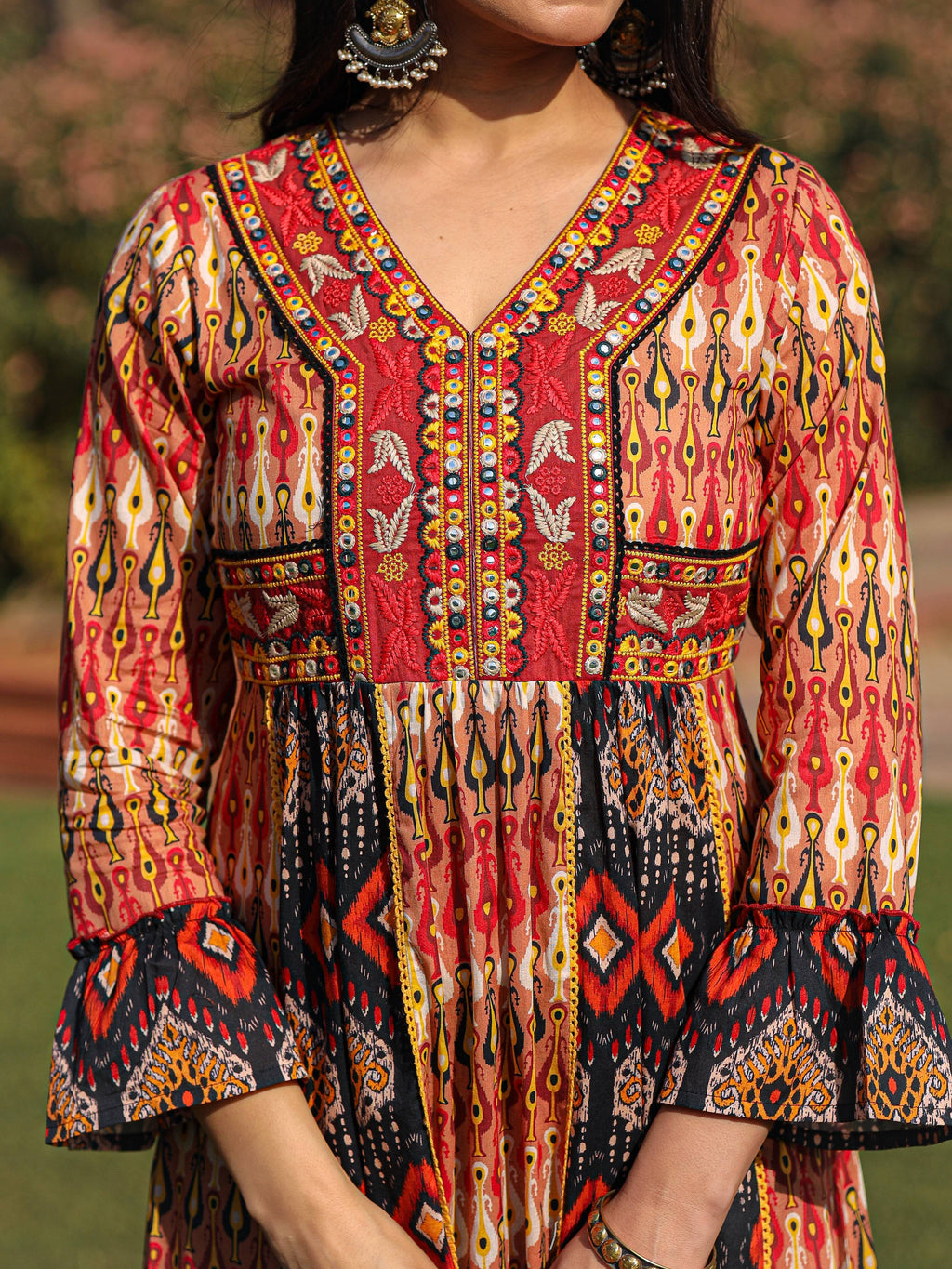 Juniper Rust Ikat Printed Cotton Maxi Dress with Embroidered Neckline | Grocsy