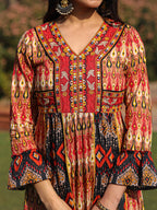 Juniper Rust Ikat Printed Cotton Maxi Dress with Embroidered Neckline | Grocsy