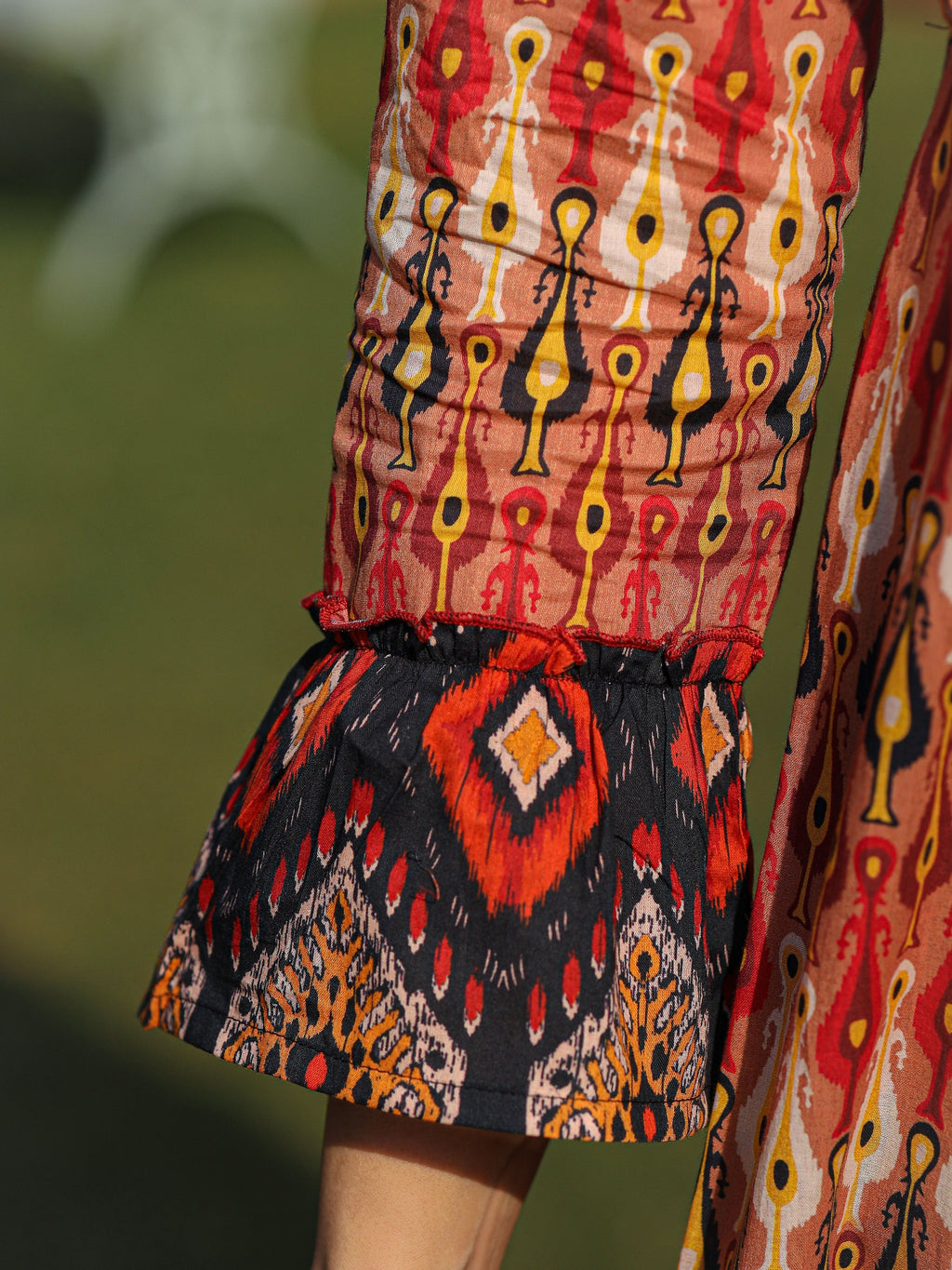 Juniper Rust Ikat Printed Cotton Maxi Dress with Embroidered Neckline | Grocsy