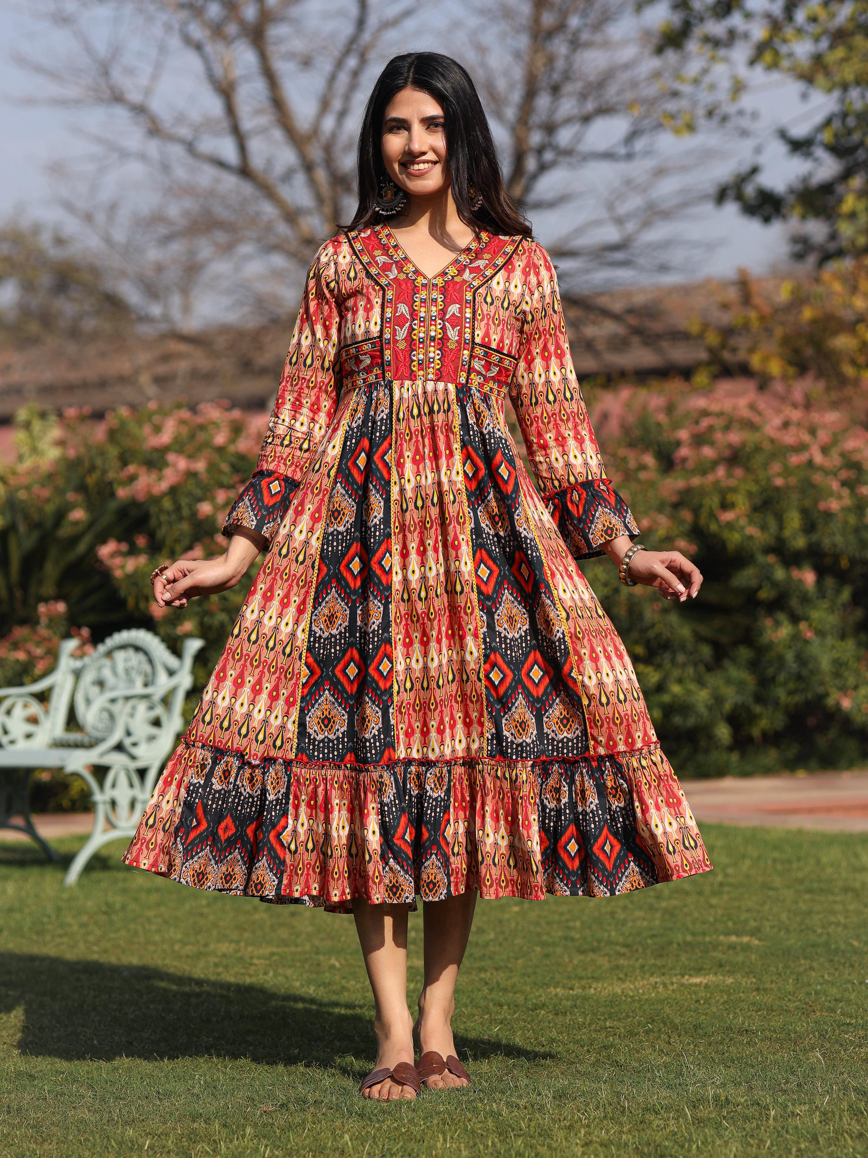 Juniper Rust Ikat Printed Cotton Maxi Dress with Embroidered Neckline | Grocsy