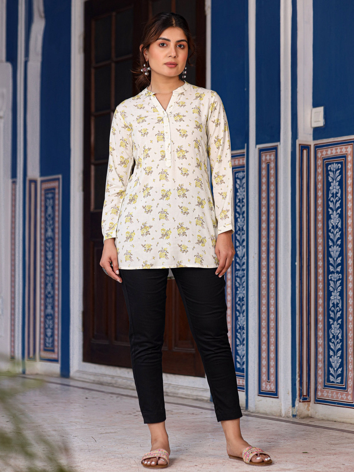Juniper Women's Pista Green Floral Printed Tunic in Rayon | Grocsy