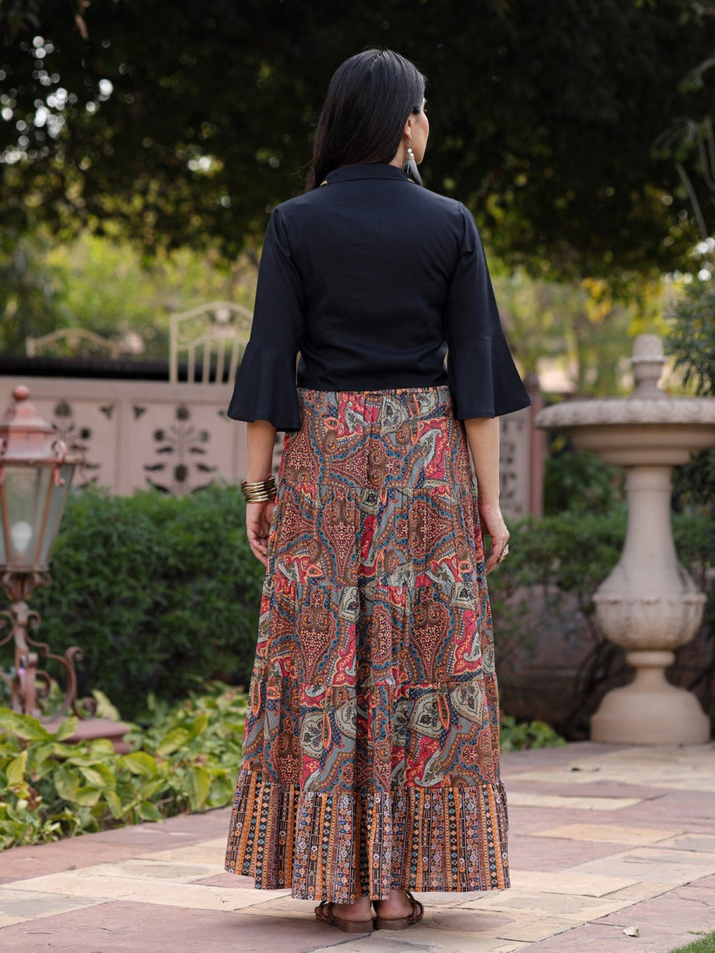 Juniper Women's Solid Liva Rayon Black Shirt With Multi Color Skirt Co-Ord Set | Grocsy