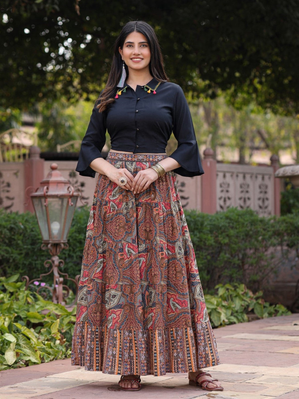 Juniper Women's Solid Liva Rayon Black Shirt With Multi Color Skirt Co-Ord Set | Grocsy