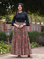 Juniper Women's Solid Liva Rayon Black Shirt With Multi Color Skirt Co-Ord Set | Grocsy