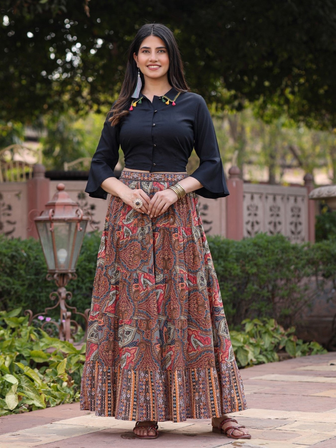 Juniper Women's Solid Liva Rayon Black Shirt With Multi Color Skirt Co-Ord Set | Grocsy