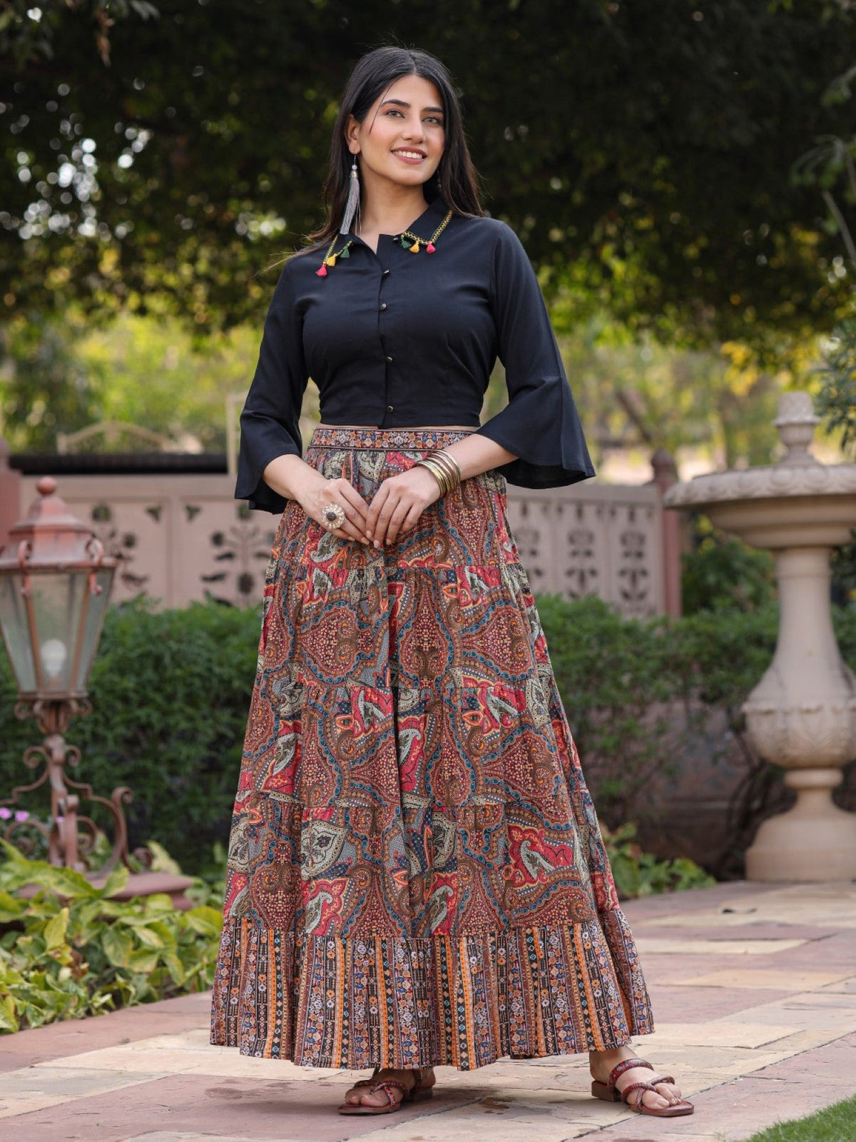 Juniper Women's Solid Liva Rayon Black Shirt With Multi Color Skirt Co-Ord Set | Grocsy