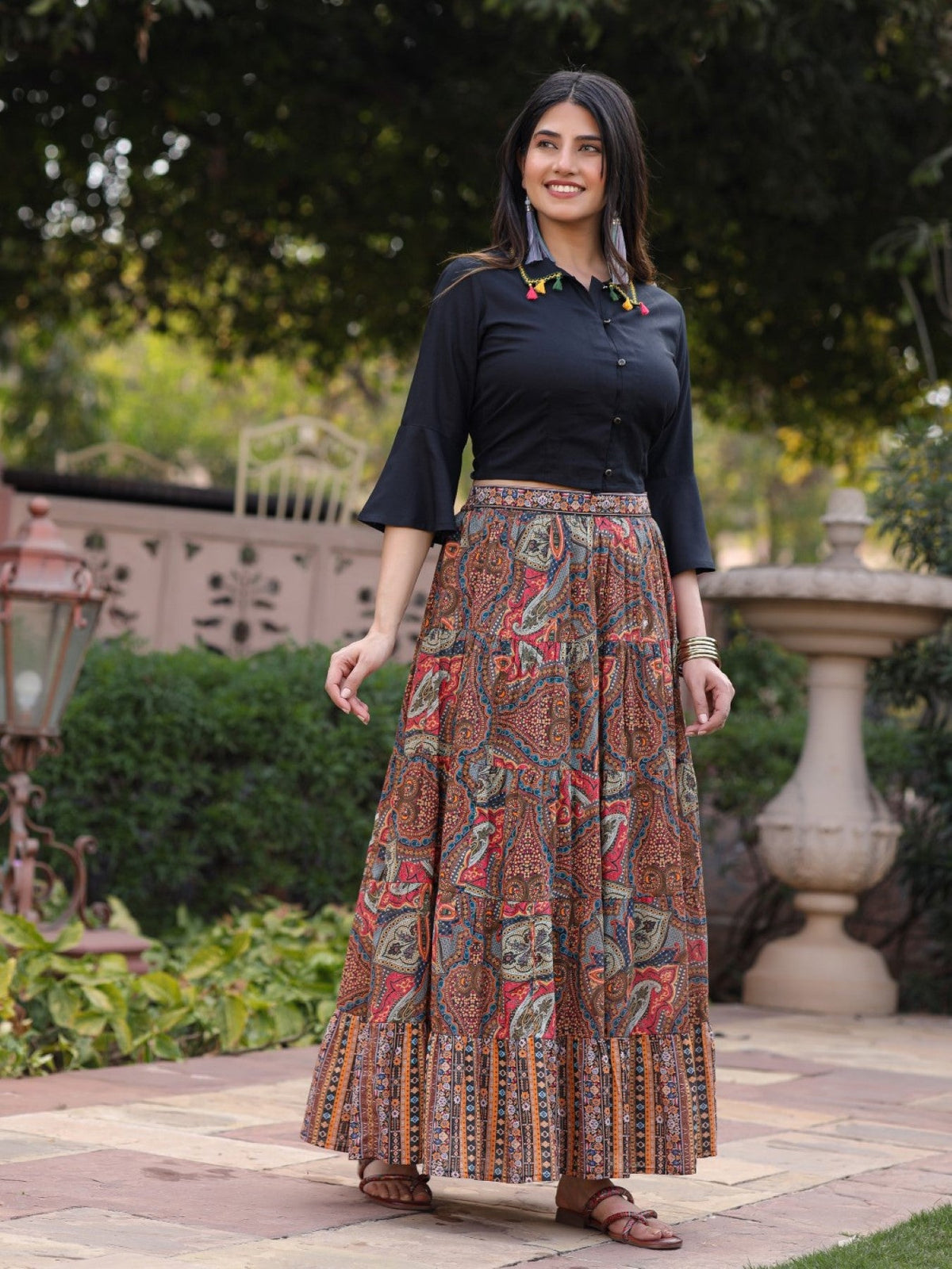 Juniper Women's Solid Liva Rayon Black Shirt With Multi Color Skirt Co-Ord Set | Grocsy