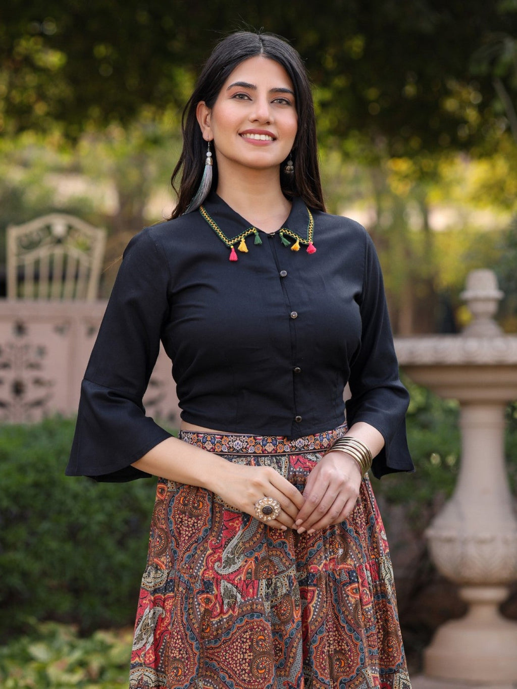 Juniper Women's Solid Liva Rayon Black Shirt With Multi Color Skirt Co-Ord Set | Grocsy