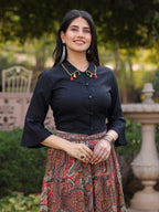 Juniper Women's Solid Liva Rayon Black Shirt With Multi Color Skirt Co-Ord Set | Grocsy