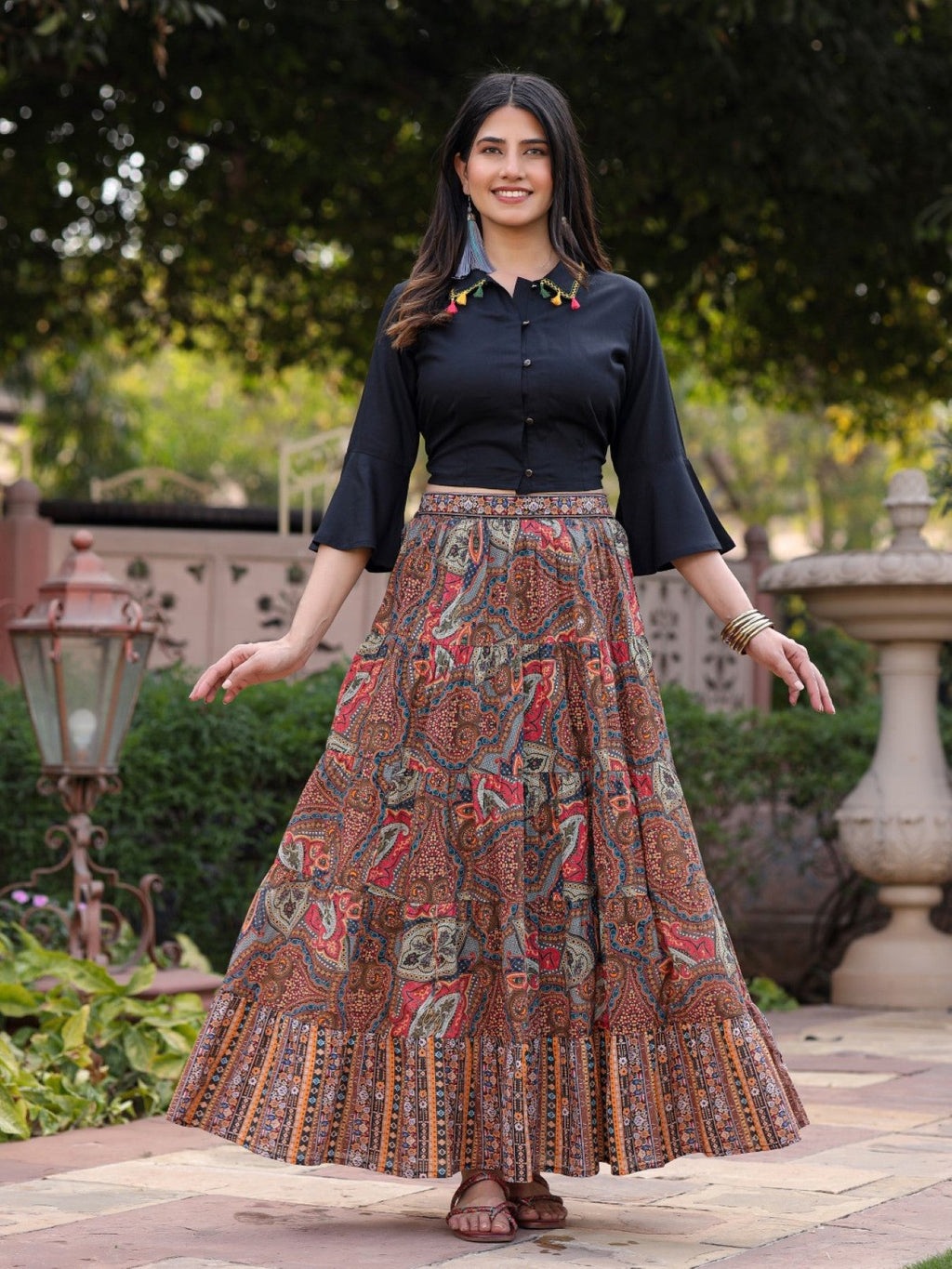 Juniper Women's Solid Liva Rayon Black Shirt With Multi Color Skirt Co-Ord Set | Grocsy