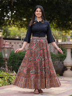 Juniper Women's Solid Liva Rayon Black Shirt With Multi Color Skirt Co-Ord Set | Grocsy