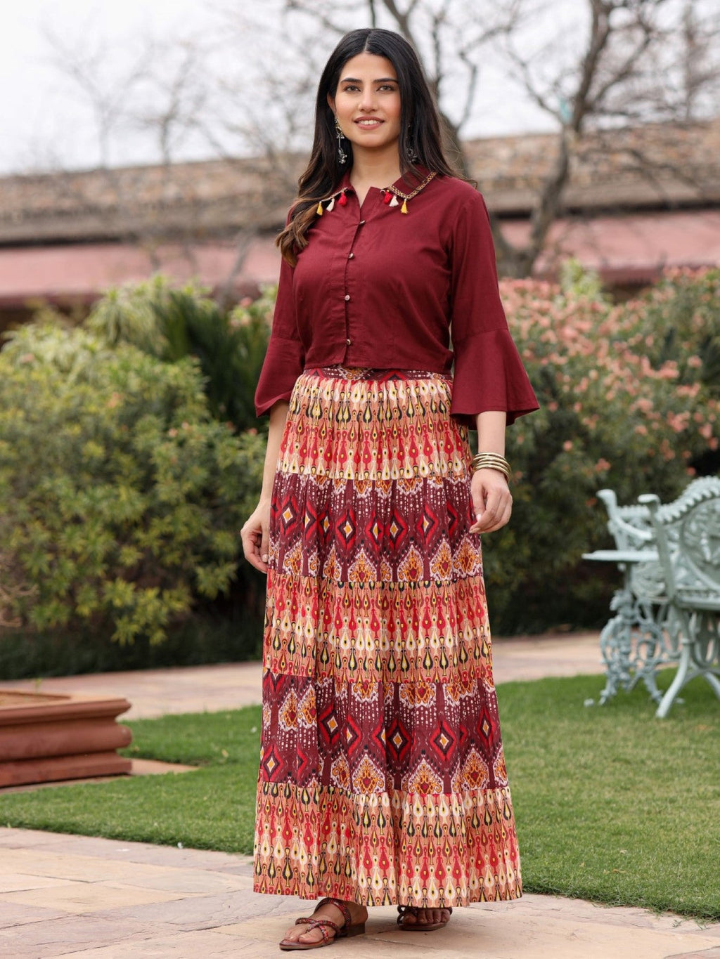 Juniper Women's Solid Liva Rayon Rust Shirt With Multi Color Skirt Co-Ord Set | Grocsy