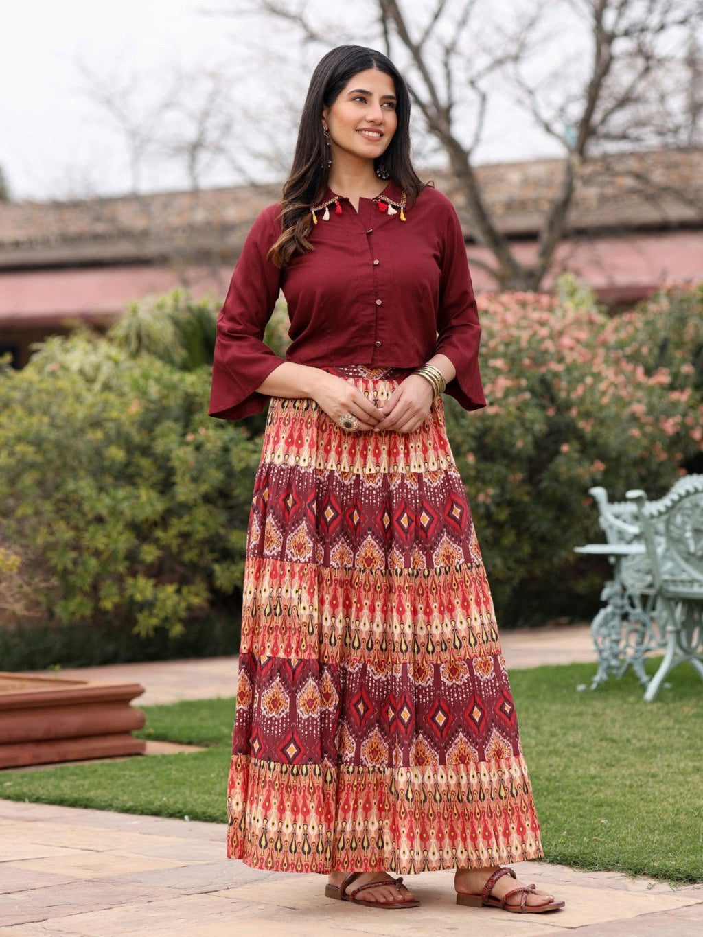 Juniper Women's Solid Liva Rayon Rust Shirt With Multi Color Skirt Co-Ord Set | Grocsy