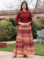 Juniper Women's Solid Liva Rayon Rust Shirt With Multi Color Skirt Co-Ord Set | Grocsy