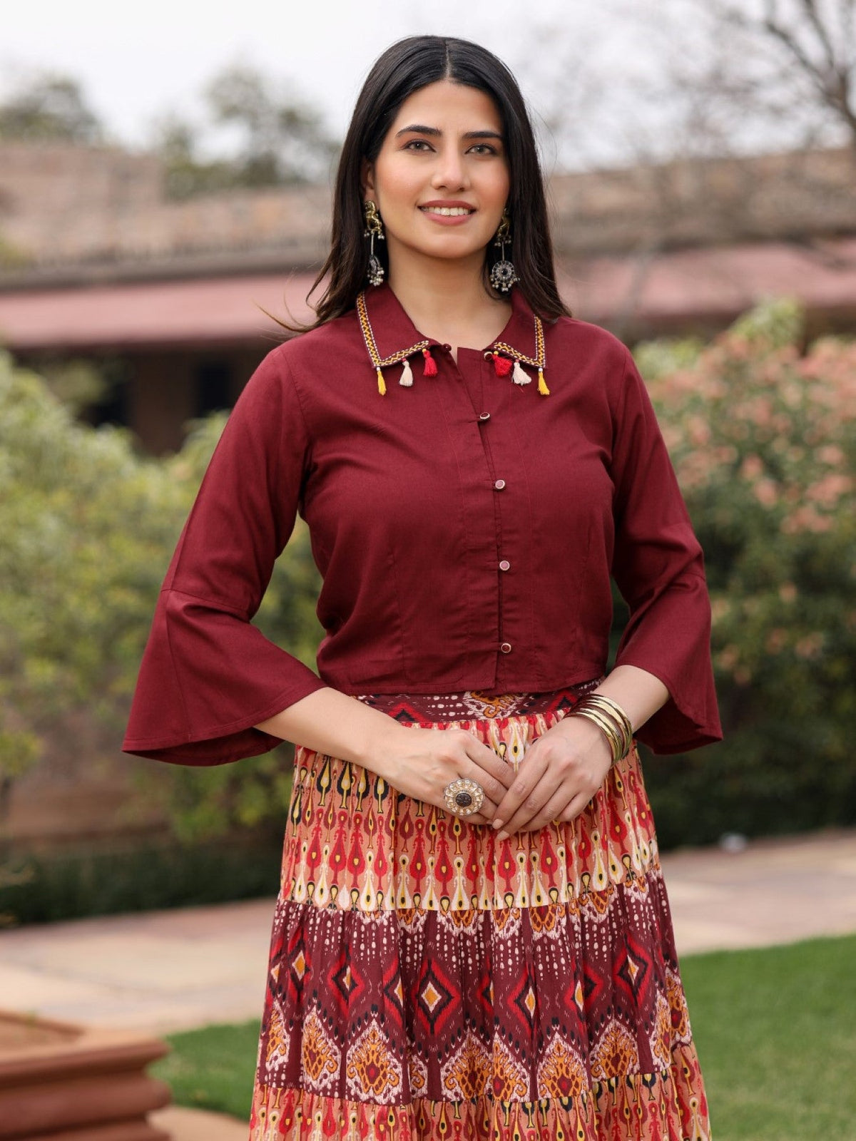 Juniper Women's Solid Liva Rayon Rust Shirt With Multi Color Skirt Co-Ord Set | Grocsy