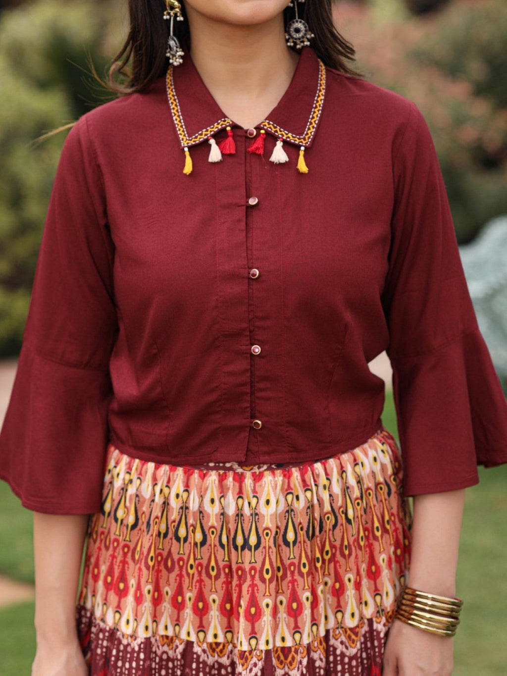 Juniper Women's Solid Liva Rayon Rust Shirt With Multi Color Skirt Co-Ord Set | Grocsy