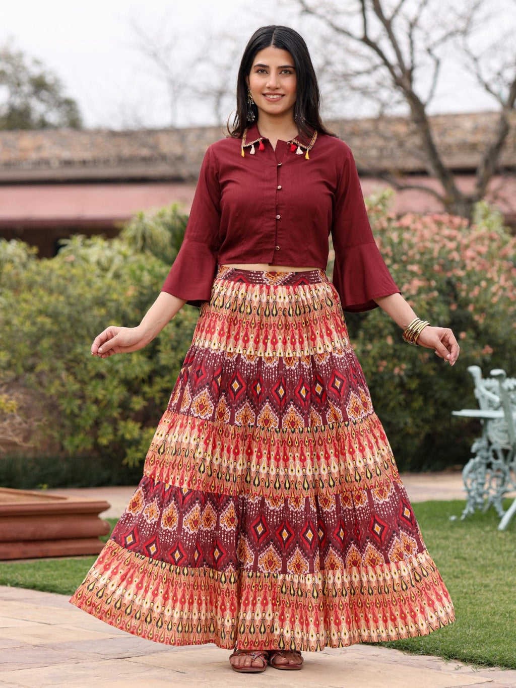 Juniper Women's Solid Liva Rayon Rust Shirt With Multi Color Skirt Co-Ord Set | Grocsy