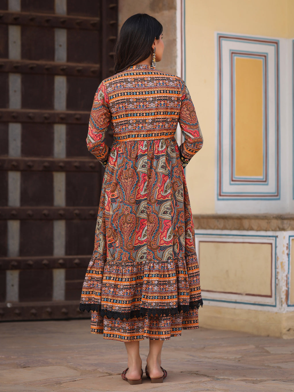 Juniper Women's Multi Colored Cotton Maxi Dress With Ethnic Motifs, Embroidered Jacket, And Long Sleeves | Grocsy