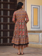 Juniper Women's Multi Colored Cotton Maxi Dress With Ethnic Motifs, Embroidered Jacket, And Long Sleeves | Grocsy