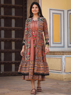 Juniper Women's Multi Colored Cotton Maxi Dress With Ethnic Motifs, Embroidered Jacket, And Long Sleeves | Grocsy