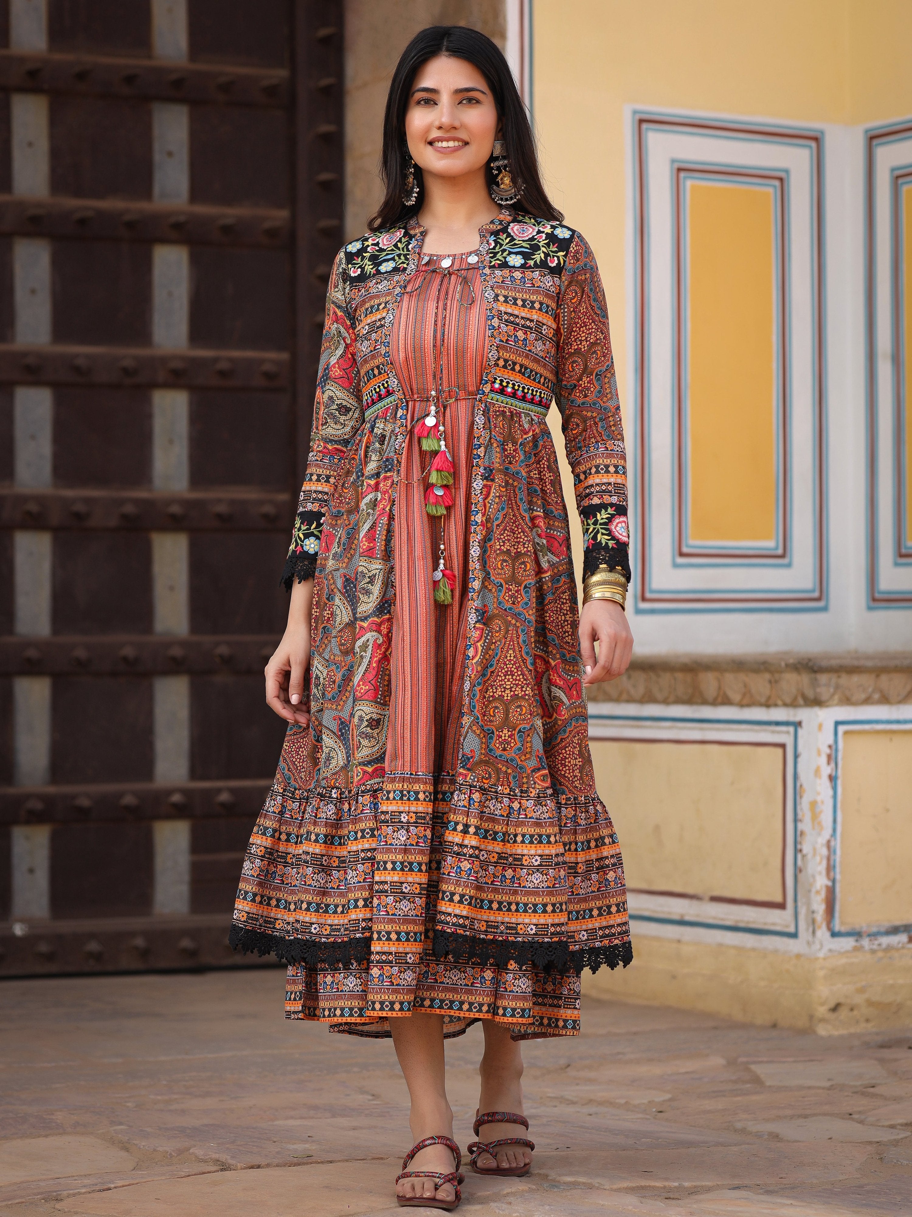 Juniper Women's Multi Colored Cotton Maxi Dress With Ethnic Motifs, Embroidered Jacket, And Long Sleeves | Grocsy
